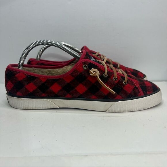 Sperry Pier View Red Buffalo Check Plaid Sherpa Slip On Shoes - Picture 2 of 12